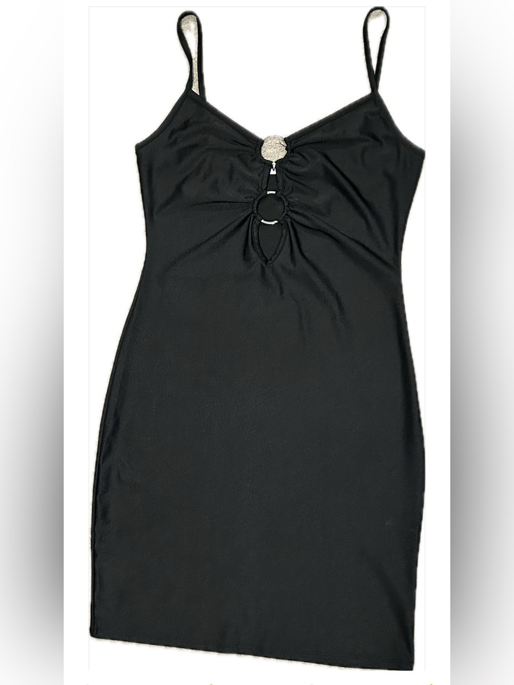 love J Black Mini Dress with Front Ring and Decorative Accent